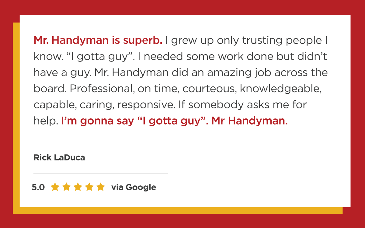 Five-star review of Mr. Handyman services