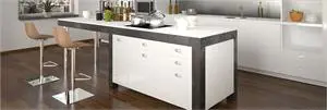 A white and black kitchen island.